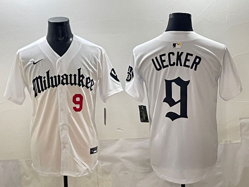 Men 2025 Milwaukee Brewers #9 Uecker White Five generations Joint Name Nike MLB Jersey style 03->milwaukee brewers->MLB Jersey
